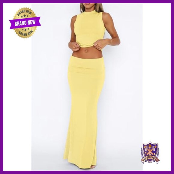 Women's 2 Piece Skirt Set Sleeveless Crop Top Maxi Bodycon Y2K Outfit - Picture 4 of 8